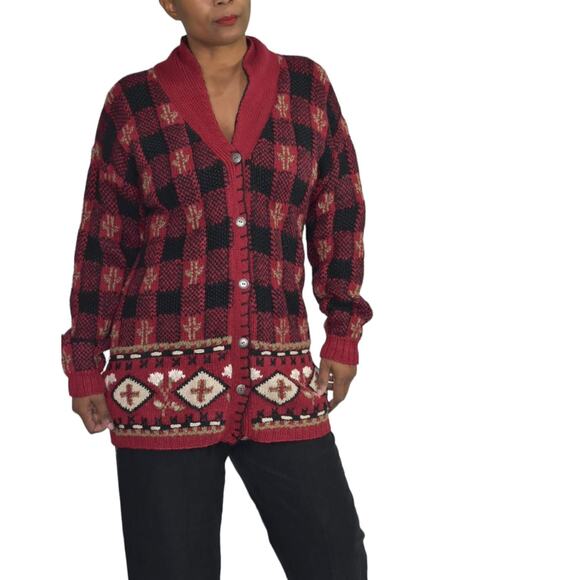 Vintage Northern Isles Cardigan Red Sweater Hand Knit Chunky Handknit Medium - Picture 13 of 13